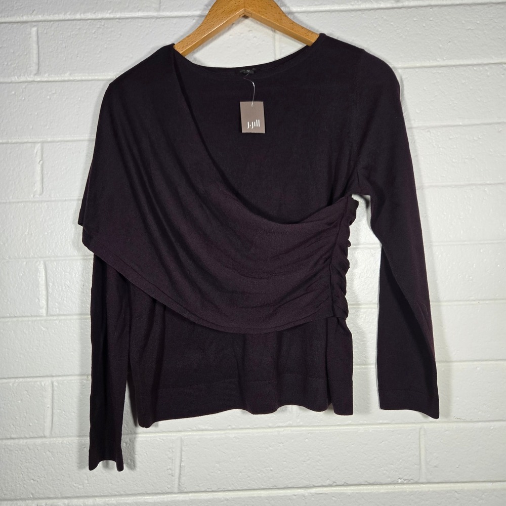 New J. Jill Merino Wool Draped Sweater Asymetrical Pinot Purple Large Minimalist